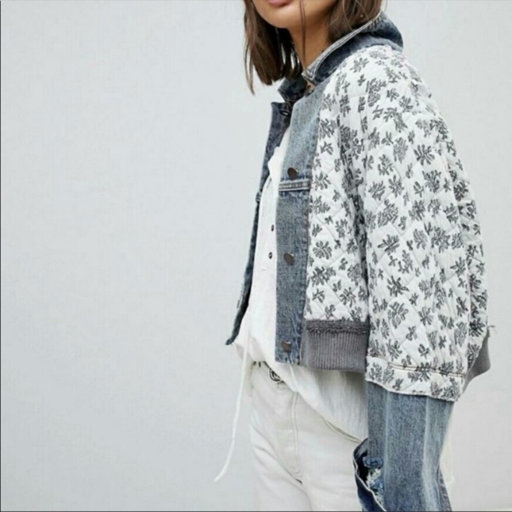 RARE Free People Ditsy Denim Distressed Jacket